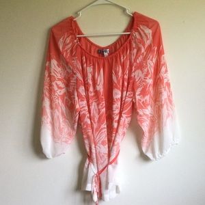 Jennifer Lopez Floral Chiffon Peasant Blouse Top, coral/hyacinth, size XL